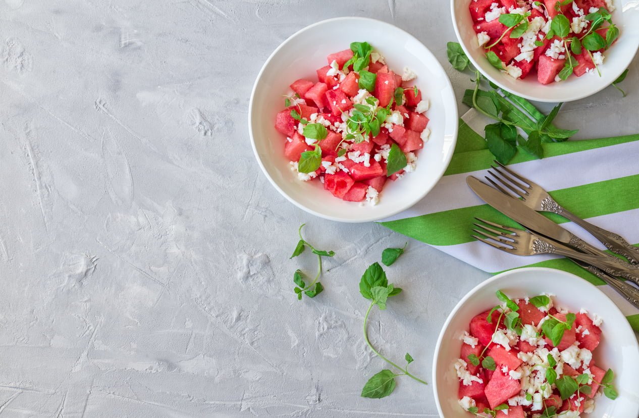 Heart healthy watermelon salad with grilled red capsicum, cherry tomatoes and mint