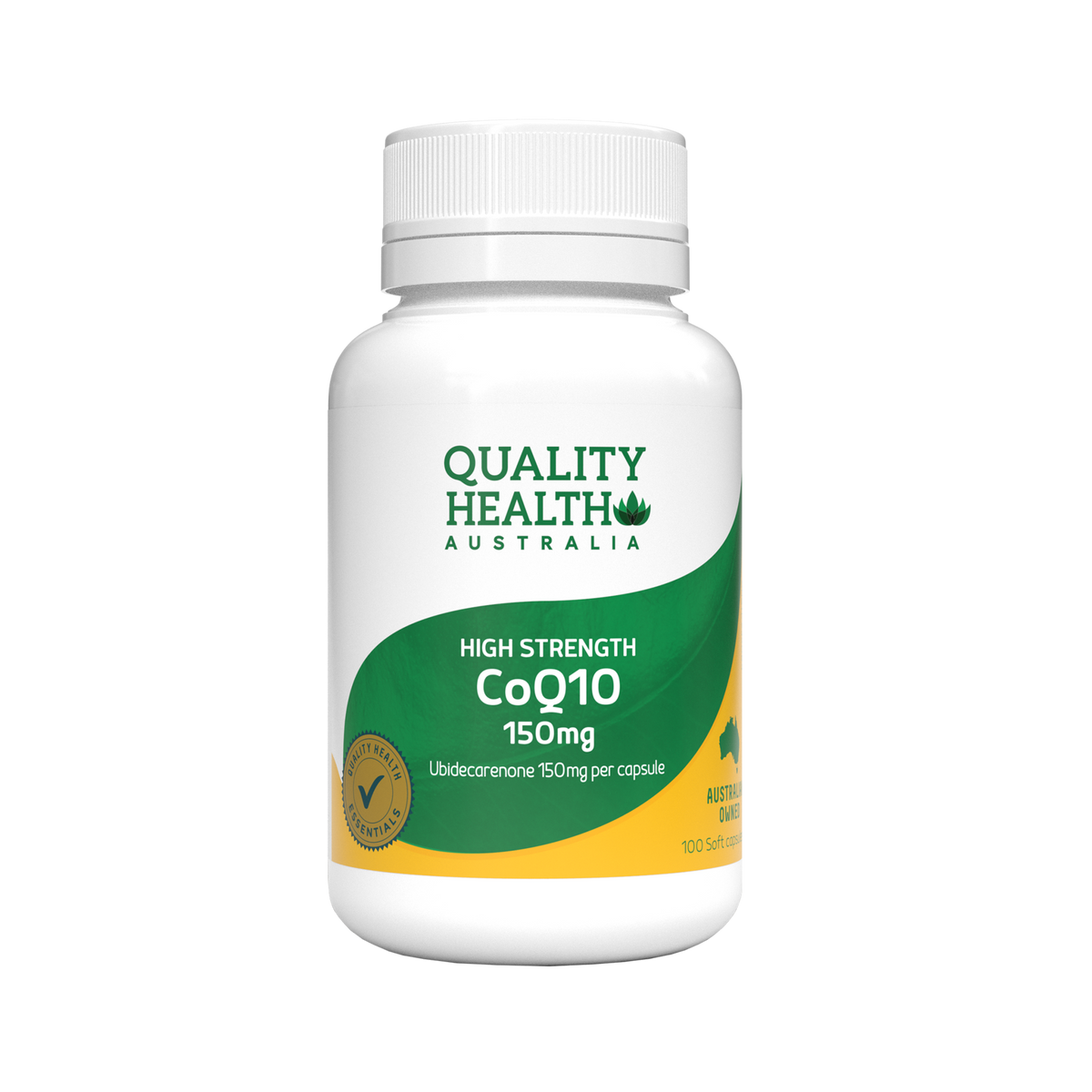 Quality Health Australia High Strength CoQ10 150mg 100 soft capsules bottle, front label