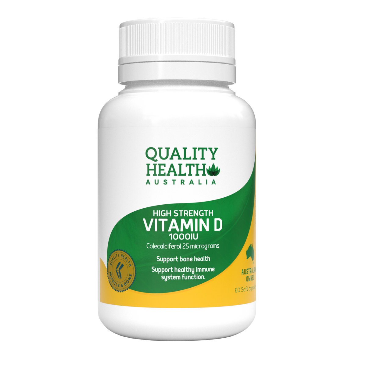 Quality Health Australia High Strength Vitamin D 1000IU 60 soft capsules bottle, front label