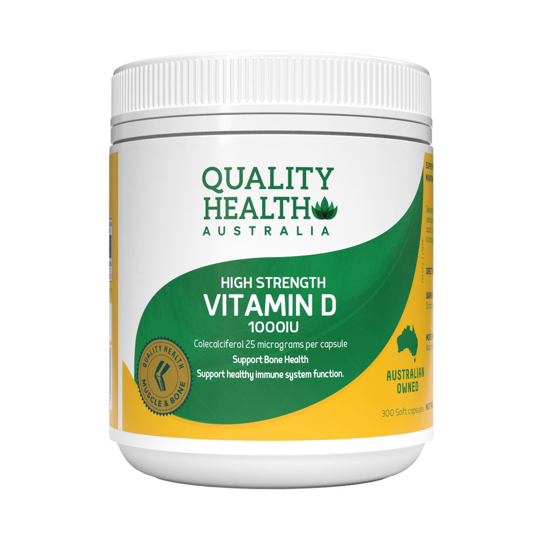 Quality Health Australia High Strength Vitamin D 1000IU 300 soft capsules tub, front label