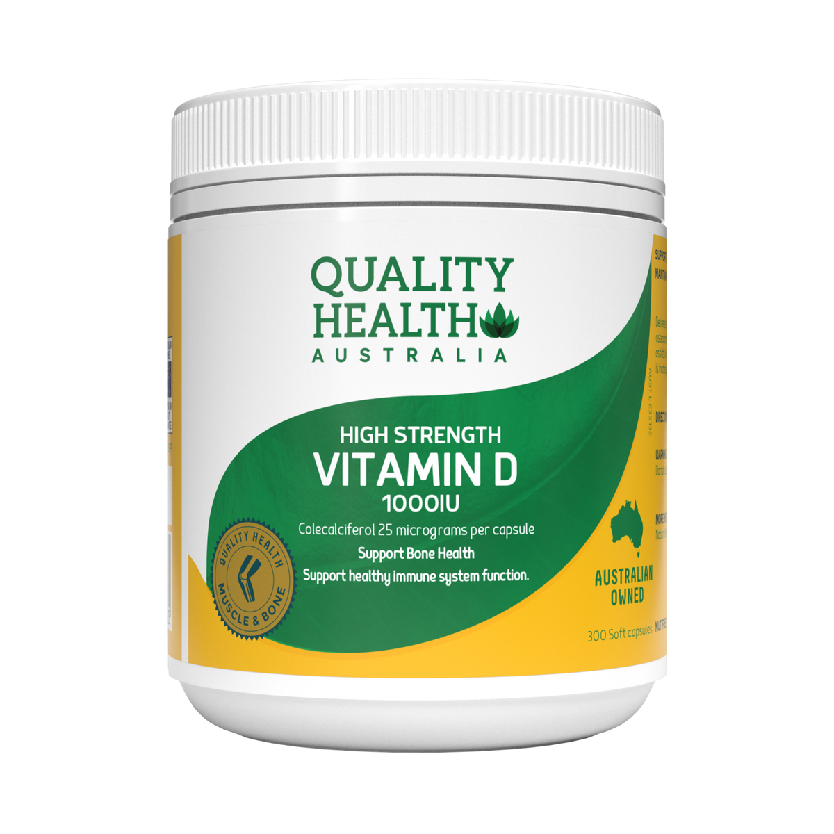 Quality Health Australia High Strength Vitamin D 1000IU 300 soft capsules tub, front label