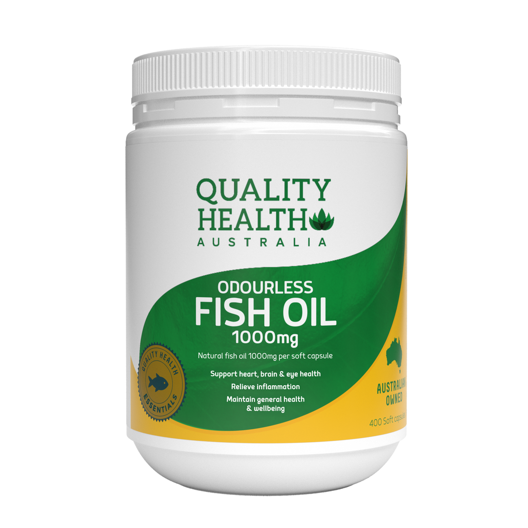 Quality Health Australia Odourless Fish Oil 1000mg 400 soft capsules tub, front label