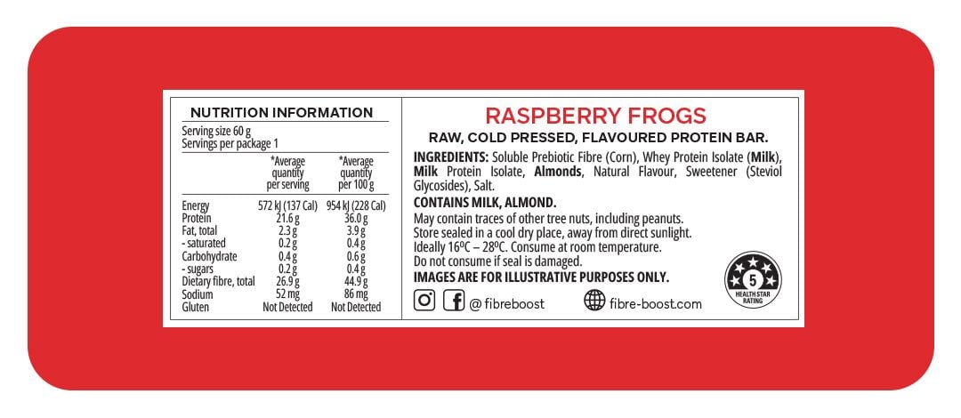 Fibre Boost Cold pressed protein bar - Raspberry Frogs