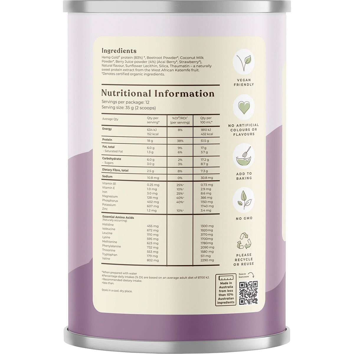 Hemp Foods Australia Organic Hemp Protein Mixed Berry & Acai