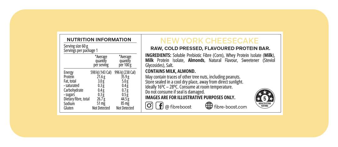 Fibre Boost Cold pressed protein bar - New York Cheesecake