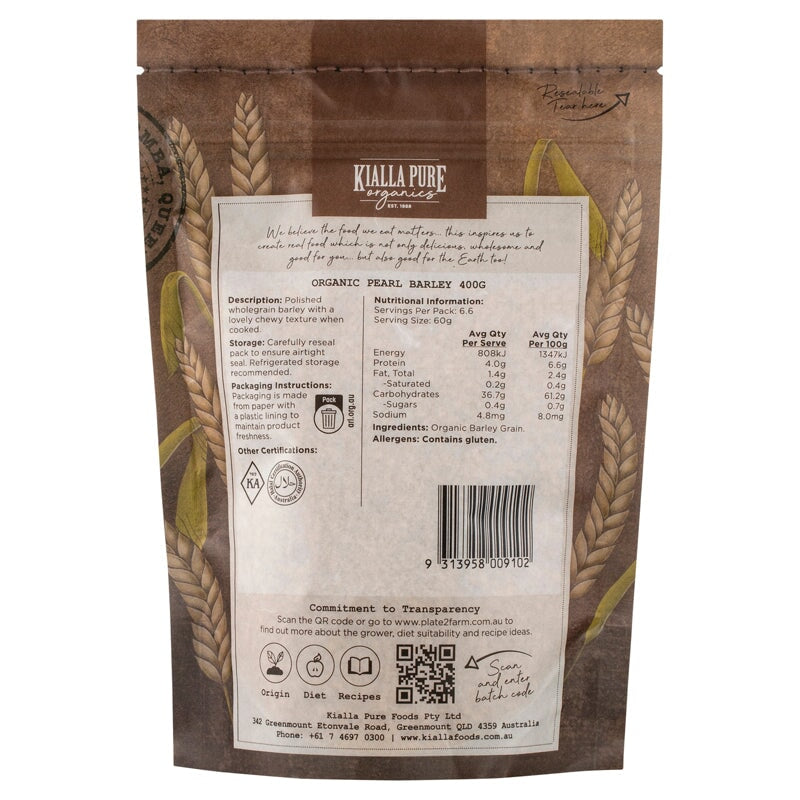 KIALLA ORGANIC PEARL BARLEY 400G