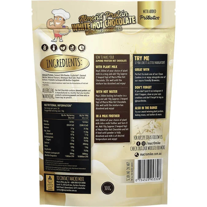 Macro Mike Protein White Hot Chocolate Almond with Probiotics | Mr Vitamins