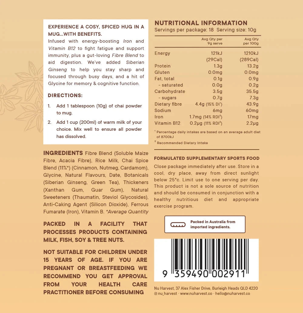 NU HARVEST CHAI LATTE 180G