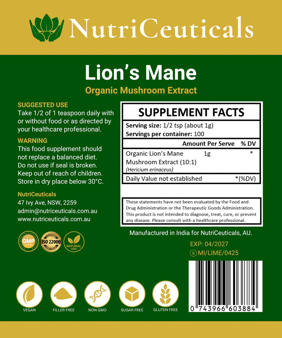 Nutriceuticals Lion’s Mane Powder 100g