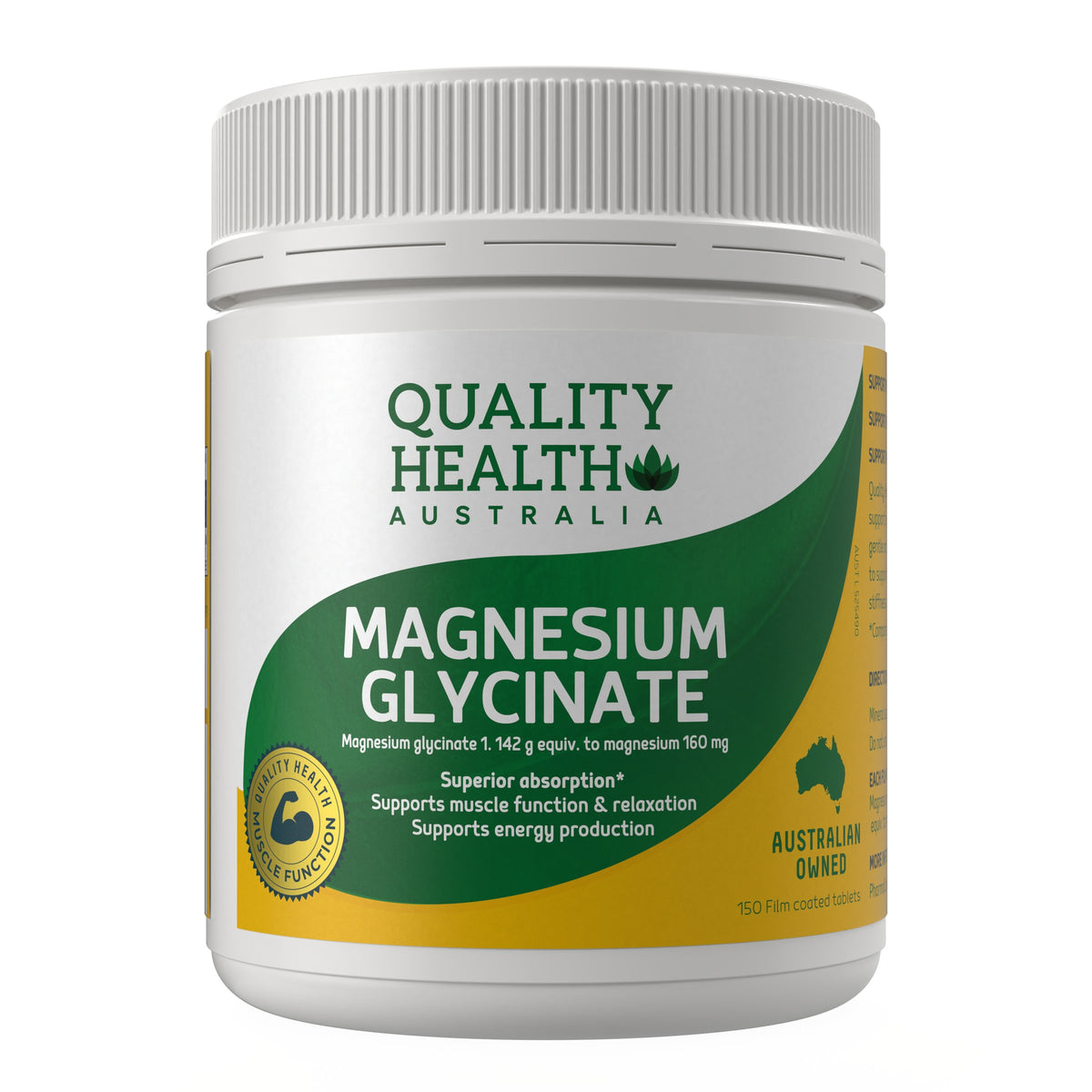 Quality Health Magnesium Glycinate 150 film-coated tablets tub, front label showing 160 mg magnesium per tablet