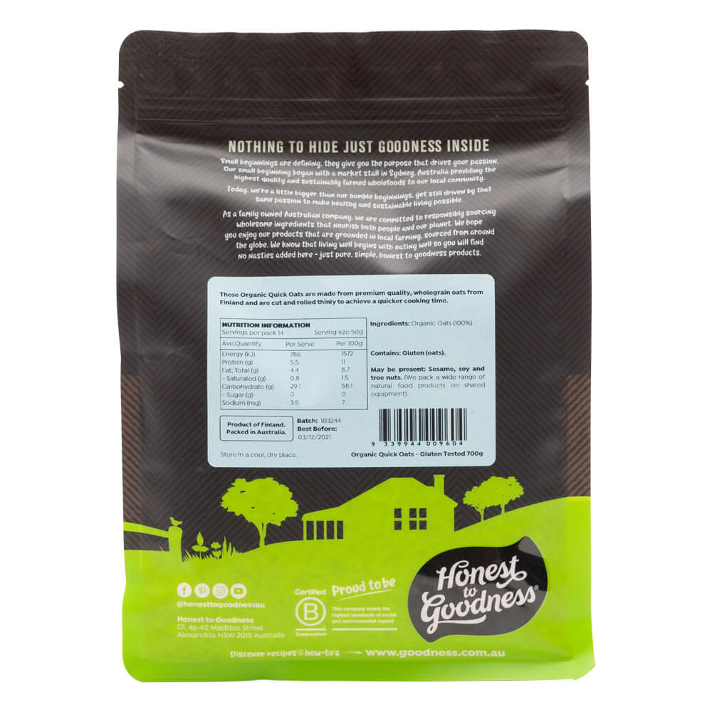 Honest to Goodness Organic Quick Oats - Gluten Tested