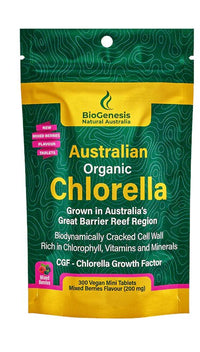 Biogenesis Australian Organic Chlorella 300 Mini 200mg Tablets Mixed Berries Flavour Sachet | Mr Vitamins